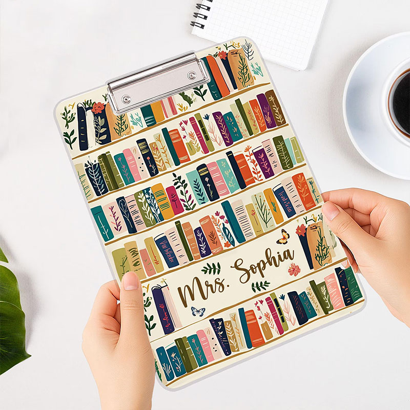 Personalized Hand Drawn Illustration Bookshelf And Name Teacher Clipboard