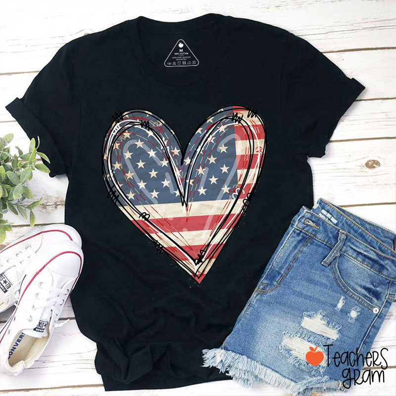 American Flag Heart Teacher T-Shirt
