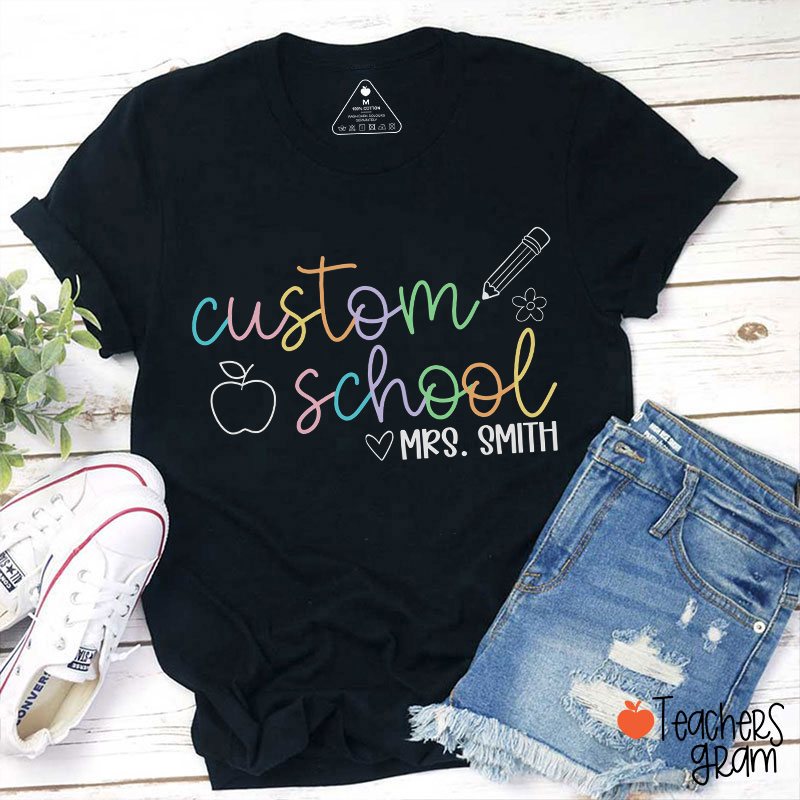 Personalized Pencil Line Apple Teacher T-Shirt