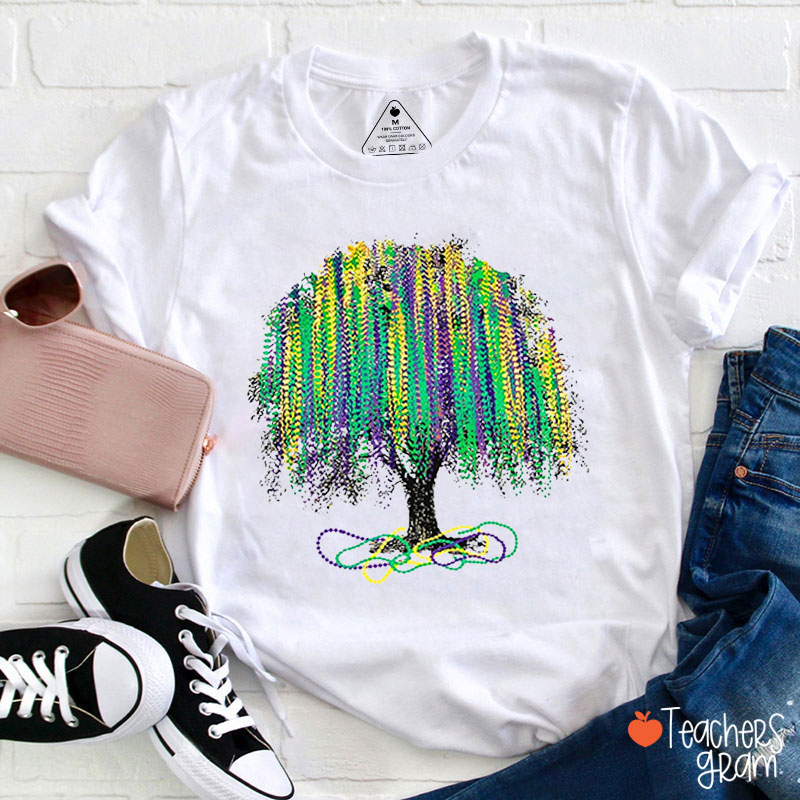 Mardi Grad Bead Tree Teacher T-Shirt