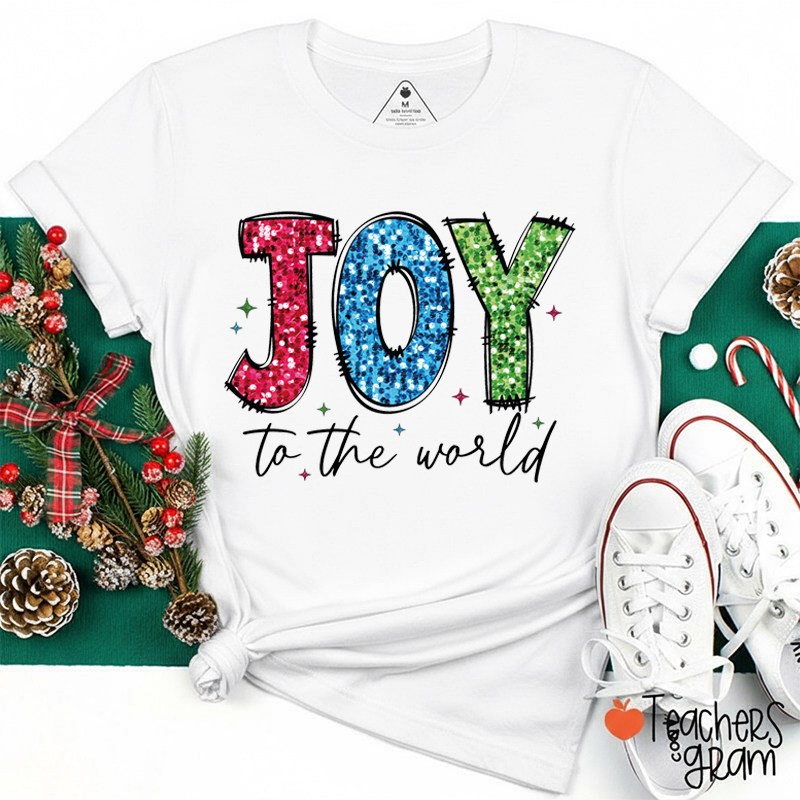 Faux Sequin Joy To The World Teacher T-Shirt