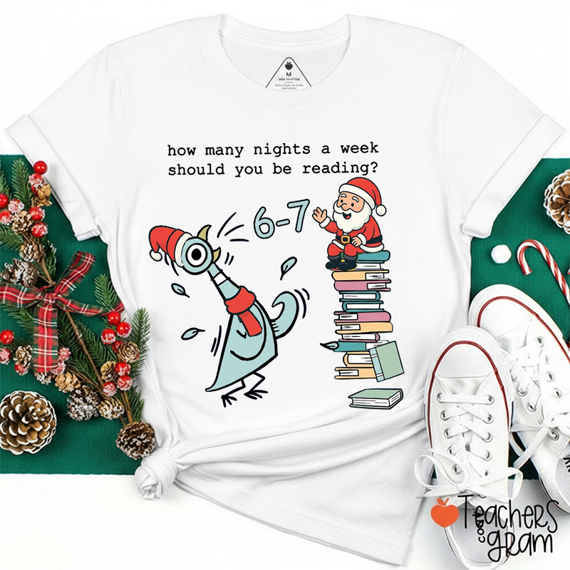 Reading Six Seven Pigeon And Santa Teacher T-Shirt