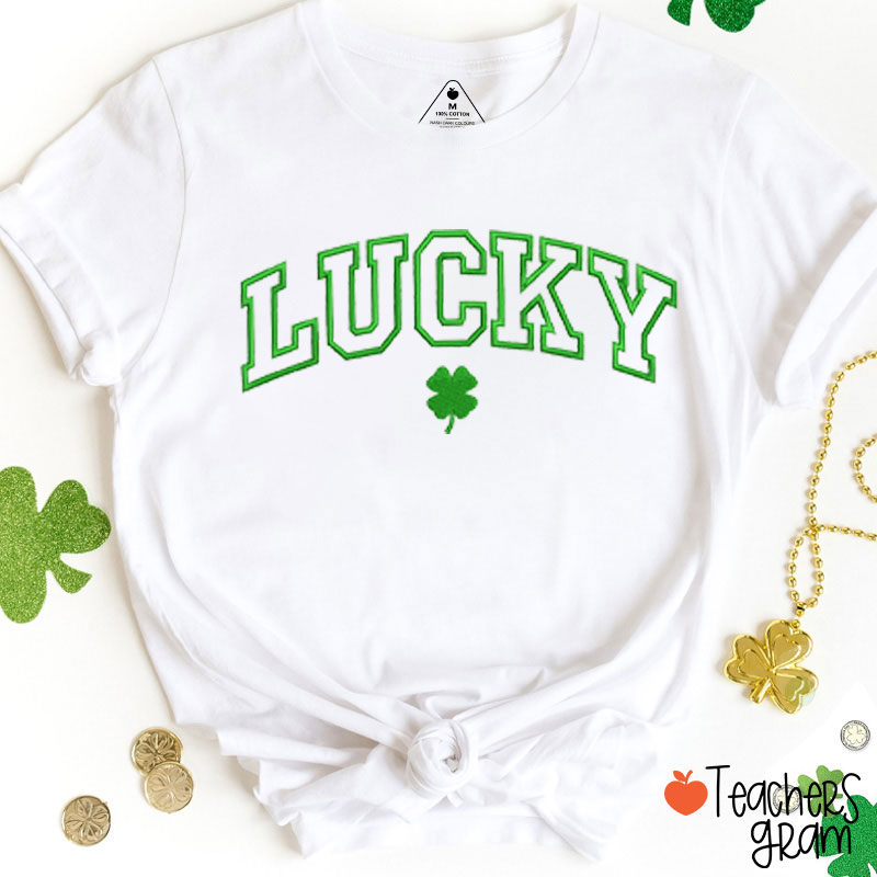 Lucky Four-Leaf Clover Embroidery Teacher T-Shirt