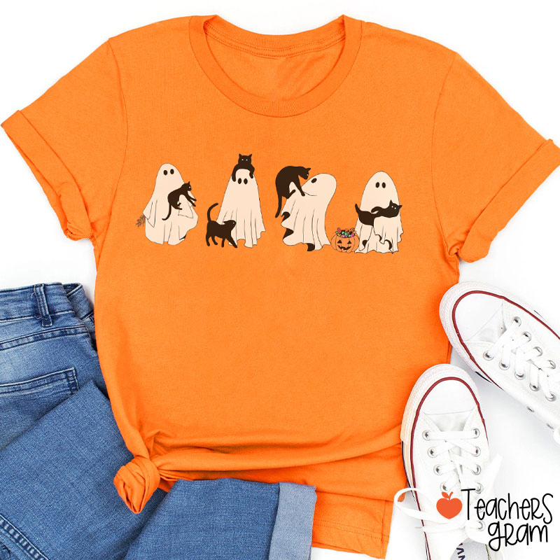 Halloween Black Cat And Ghost Teacher T-Shirt