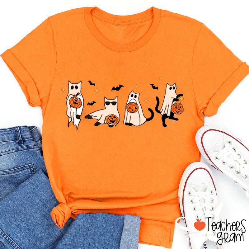 Ghost Cat Halloween Teacher T-Shirt