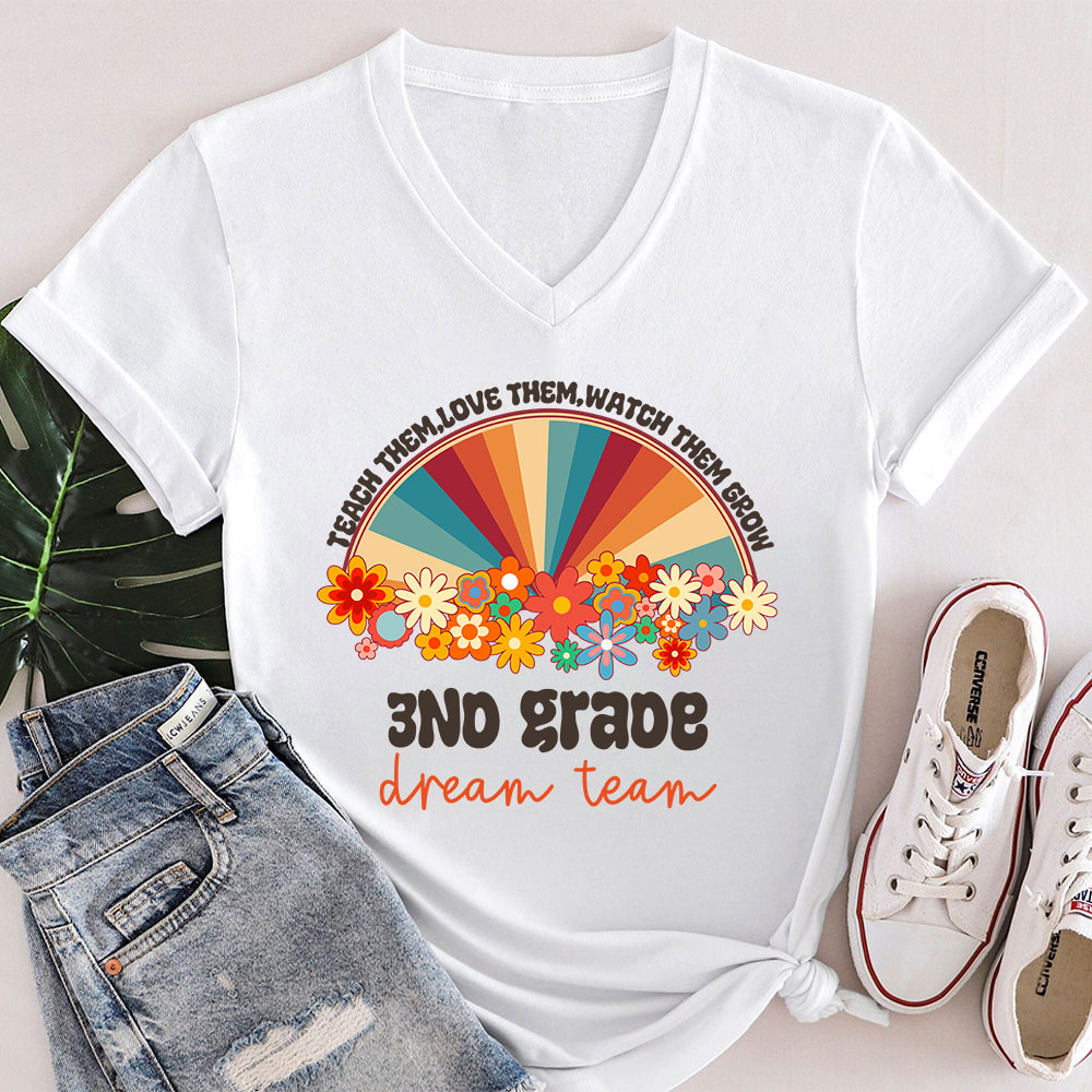 Personalized Teach Love Watch Them Grow Teacher Female V-Neck T-Shirt