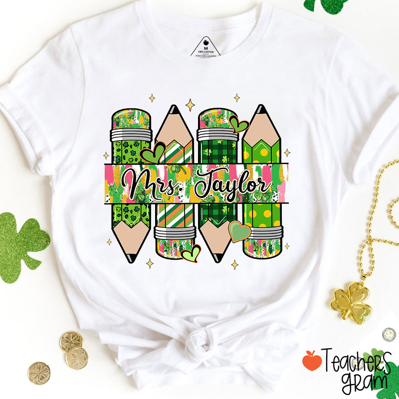 Personalized Name Pencil Four Leaf Clover Teacher T-Shirt