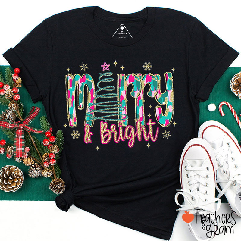 Glitter Merry And Bright Colorful Letters Teacher T-Shirt