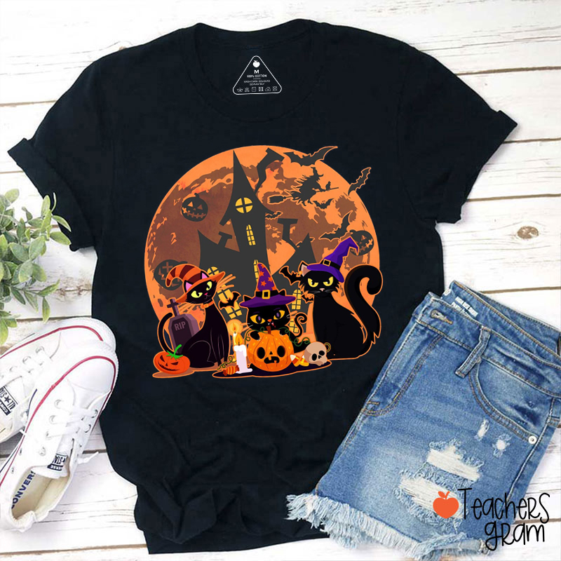Black Cat Pumpkin Halloween Teacher T-Shirt