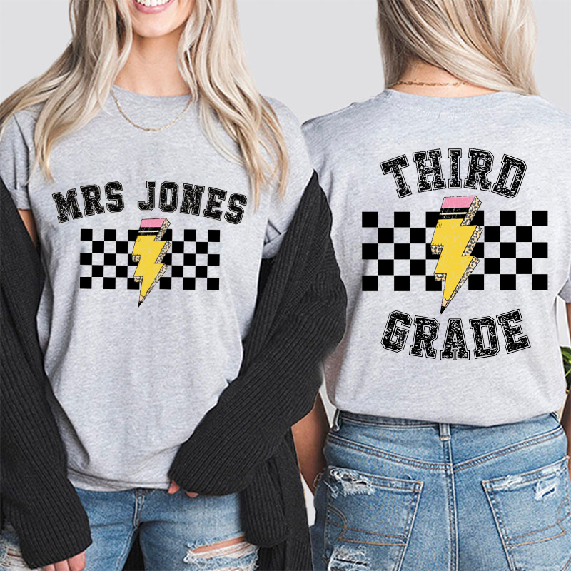 Personalized Black Checkerboard And Pencil Name Teacher Two Sided T-Shirt
