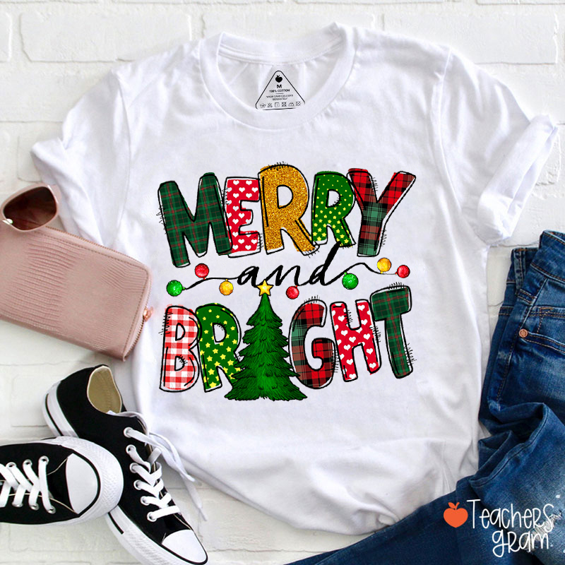 Merry And Bright Christmas Tree Teacher T-Shirt
