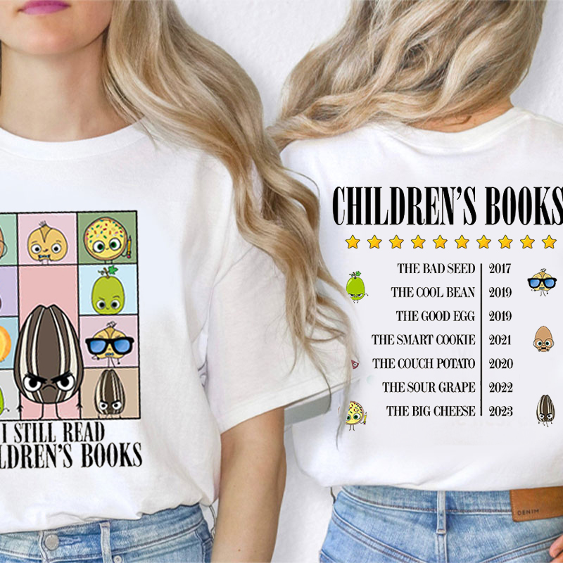 I Still Read Children's Books Cartoon Icons Teacher Two Sided T-Shirt