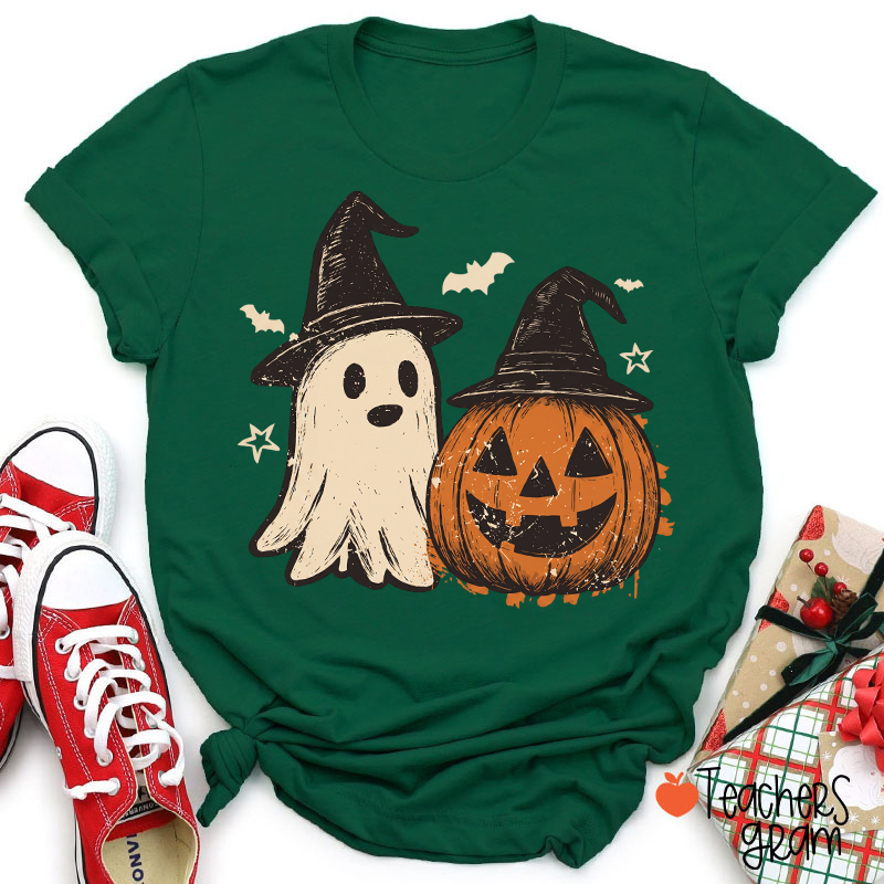 Vintage Ghost Pumpkin Witch Hat Bat Star Teacher T‑Shirt