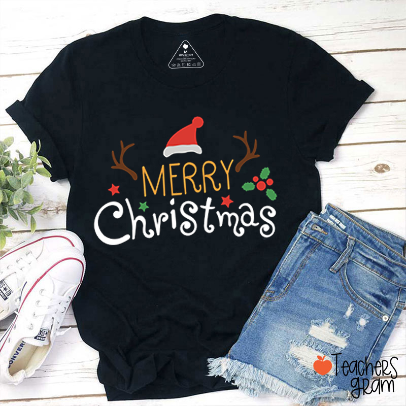 Merry Christmas Cute Reindeer Horns Santa Hat Teacher T-Shirt