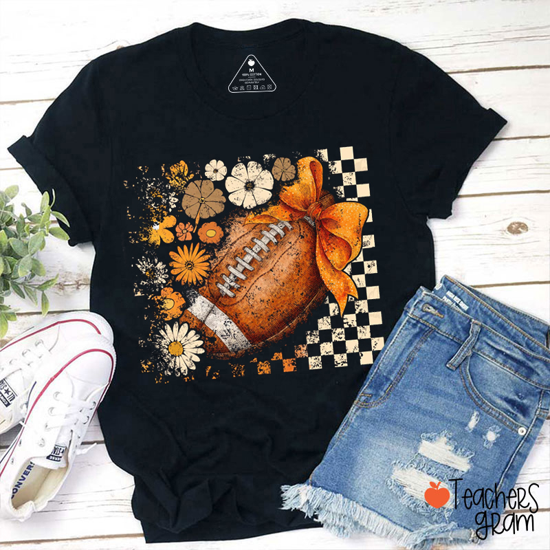 Personalized Sport Flowers Checkered Game Day Teacher T-Shirt