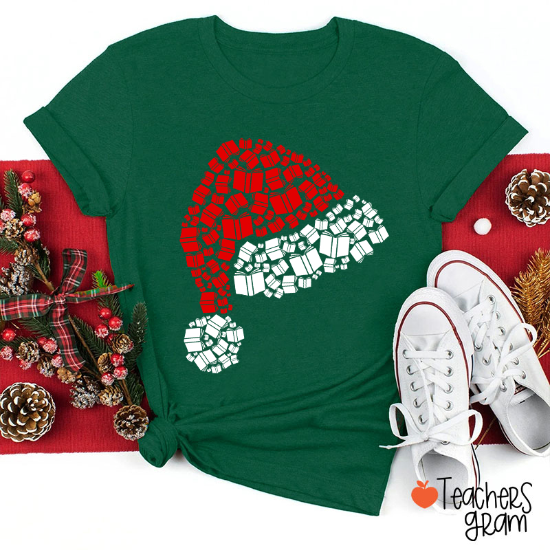Book Christmas Hat Christmas Teacher T-Shirt