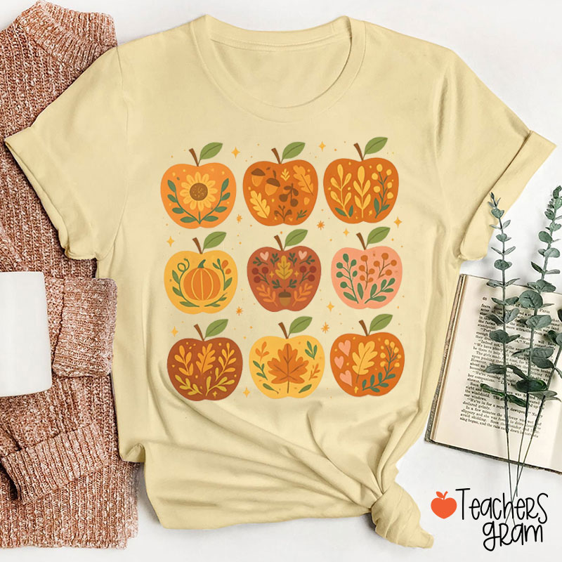 Floral Autumn Apple Teacher T-Shirt