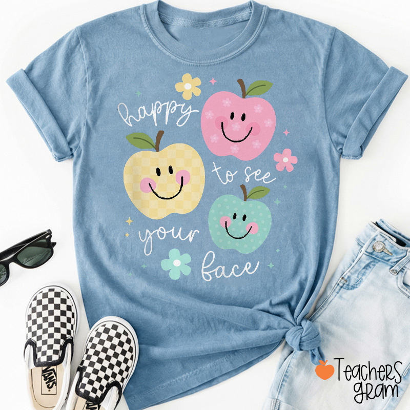 Happy Apple Face Floral Quote Teacher T-Shirt