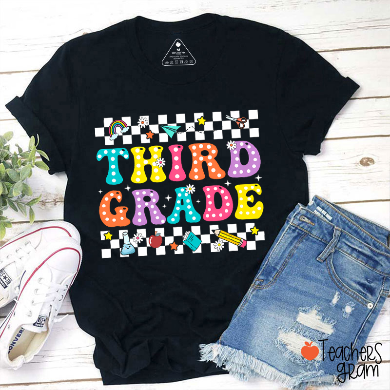 Personalized Grade Checkered Neon Fonts Teacher T-Shirt