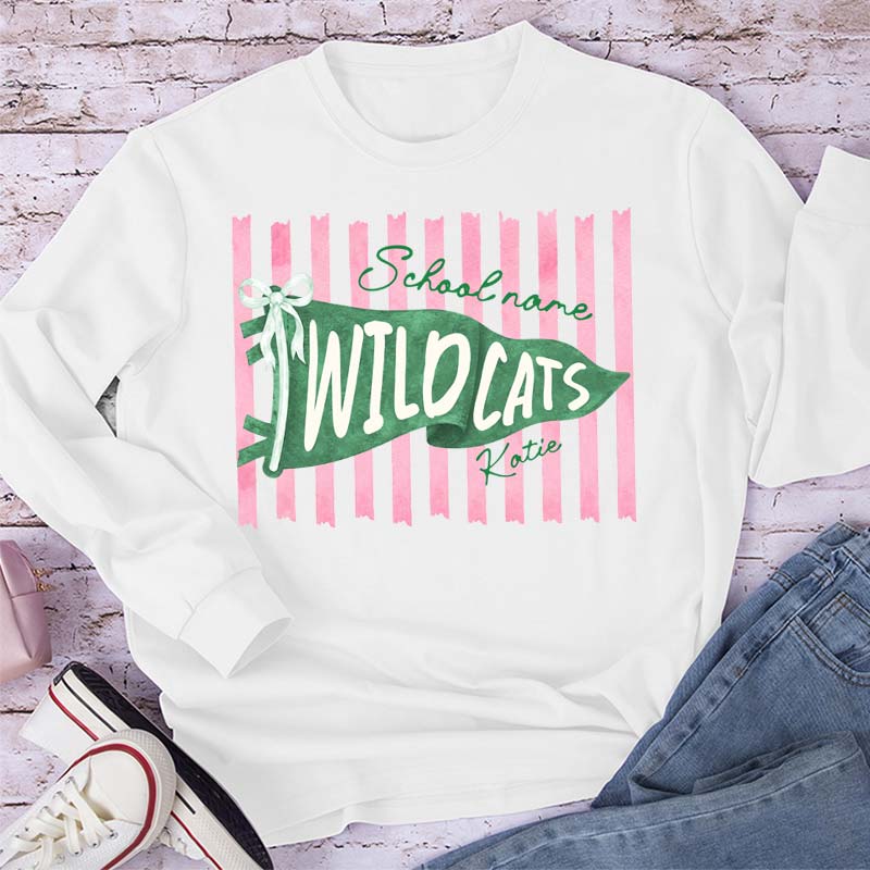 Personalized Mascot School Spirit Stripes Pennant Teacher Long Sleeve T-Shirt