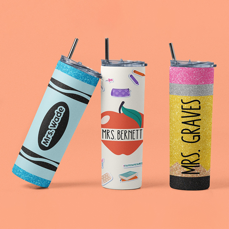 Personalized Name Glitter Pencil Apple Teacher Tumbler