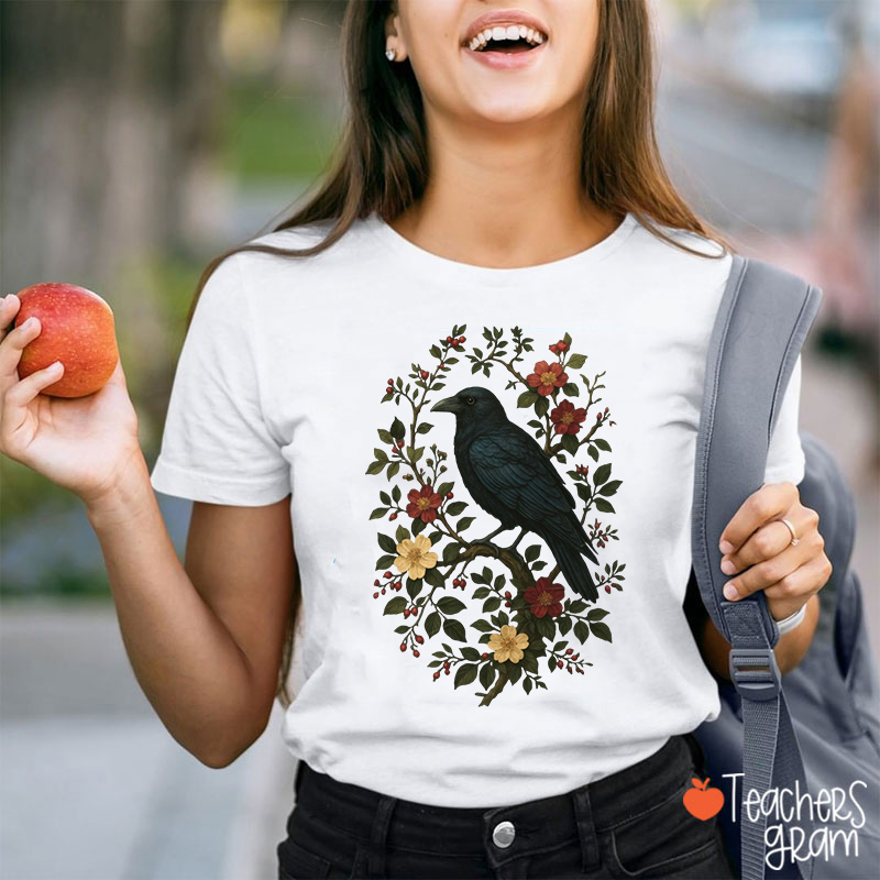 Crow And Wild Blooms Teacher T-Shirt