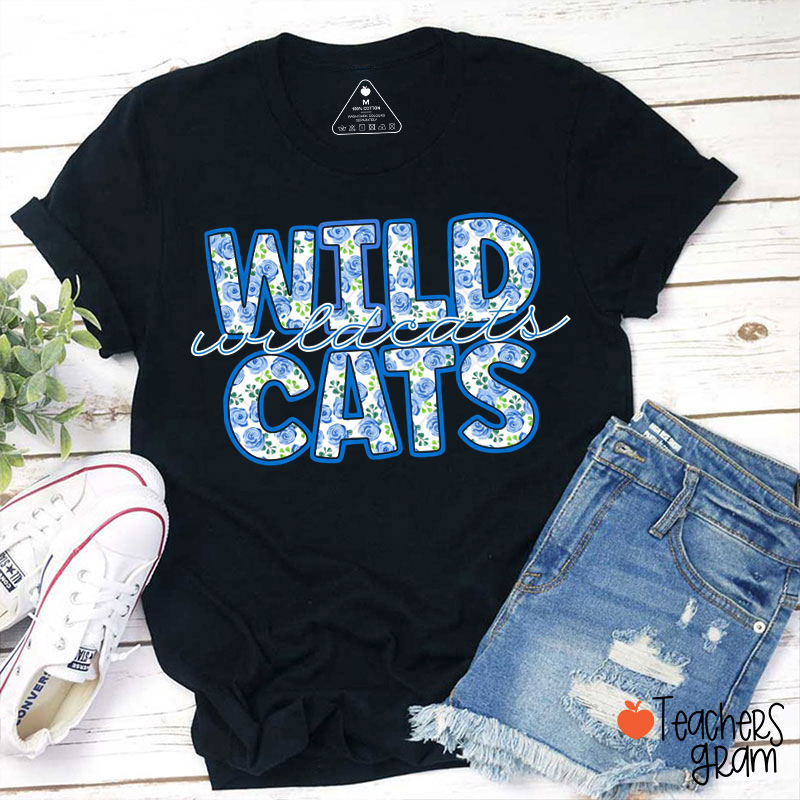 Personalized Mascot Blue Flowers School Spirit Teacher T-Shirt