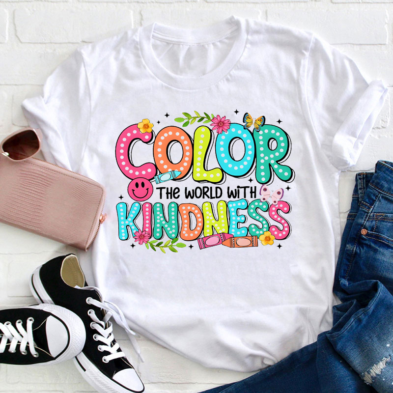 Neon Light Color The World With Kindness Teacher T-Shirt