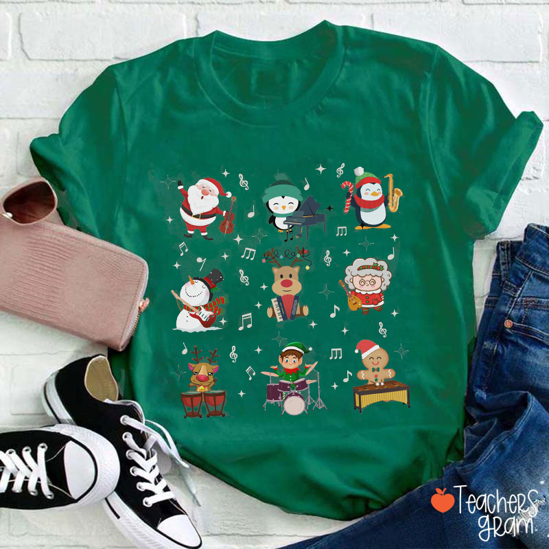 Cute Christmas Cartoons Playing Musical Instruments TeacherT-Shirt