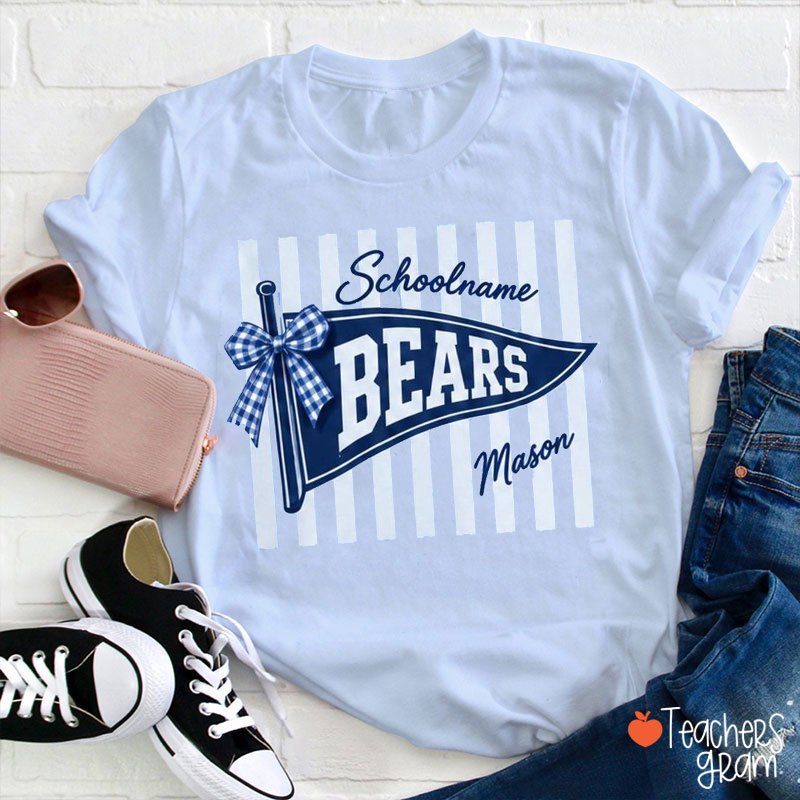 Personalized Mascot Pennant Bow Striped Teacher T-Shirt