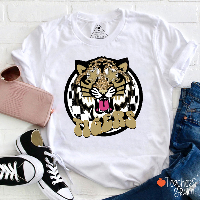 Personalized Mascot Circle Checkered School Spirit Teacher T-Shirt