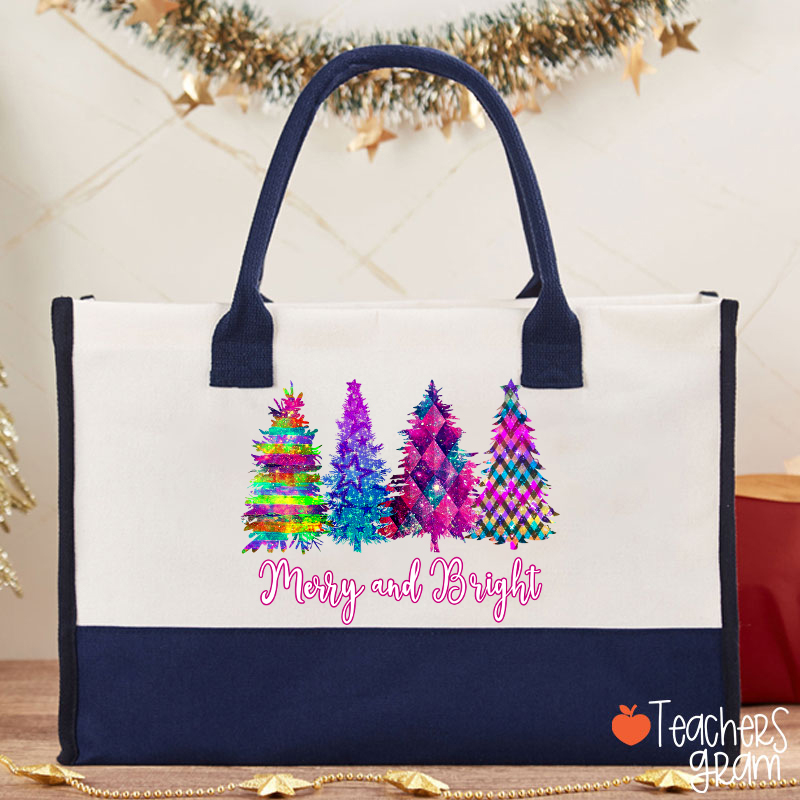 Merry And Bright Colorful Christmas Tree Teacher Cotton Tote Bag