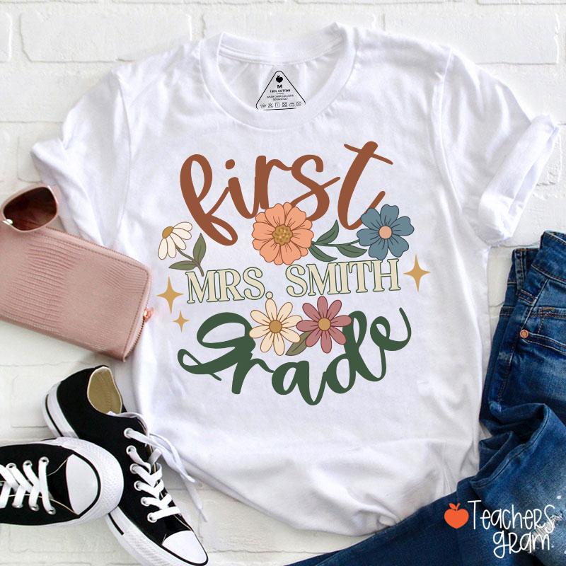 Personalized Grade And Name Boho Floral Teacher T-Shirt