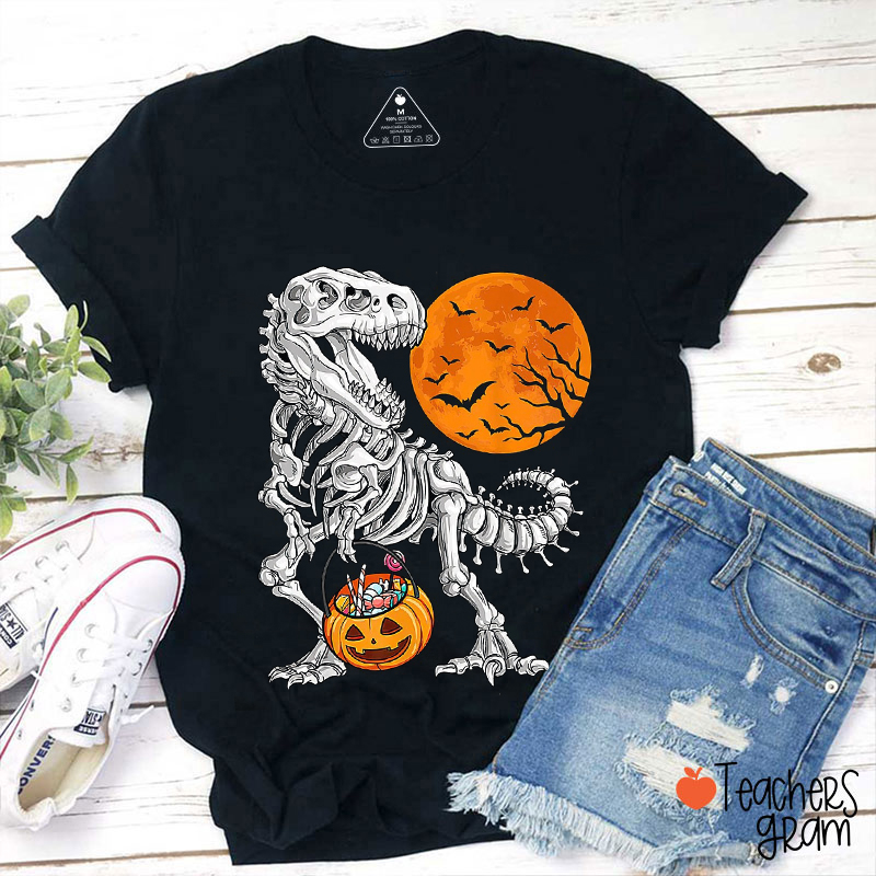 Dinosaur Skeleton Pumpkin Halloween Teacher T-Shirt