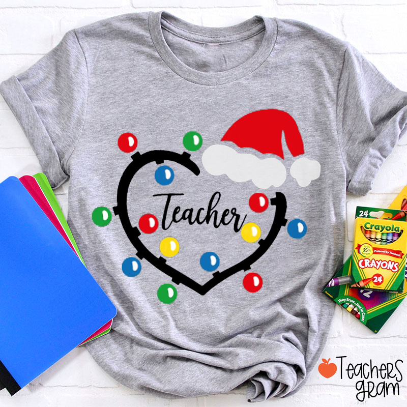Personalized Text Heart Lights Santa Hat Teacher T-Shirt