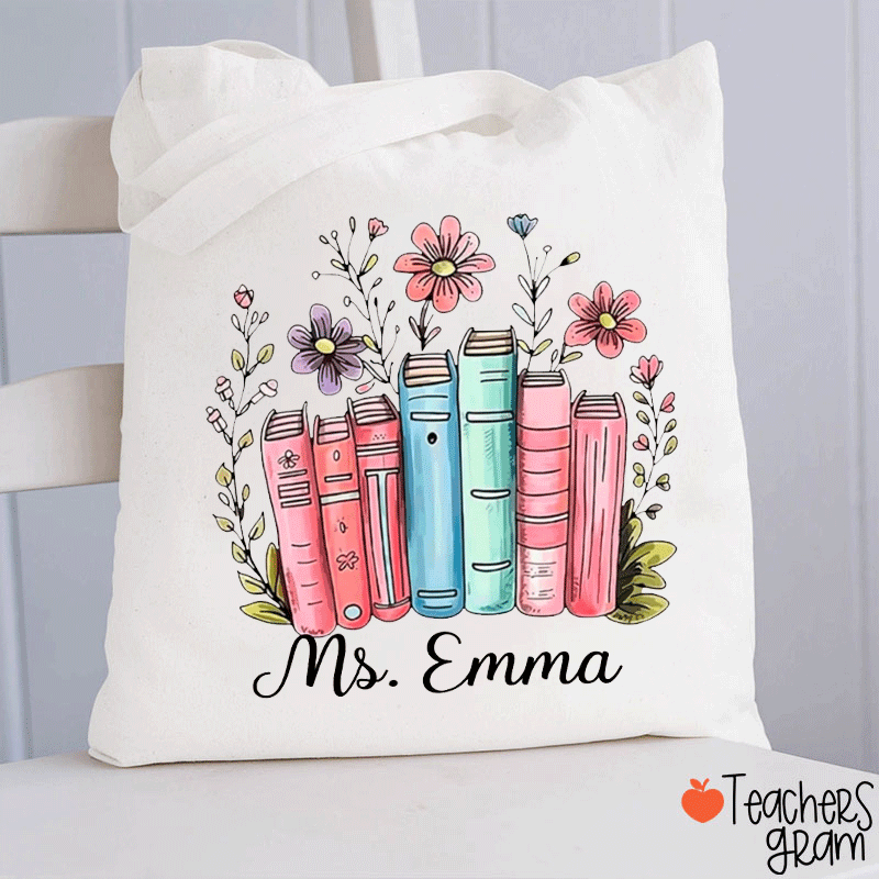 Personalized Name Flower Book Teacher Tote Bag