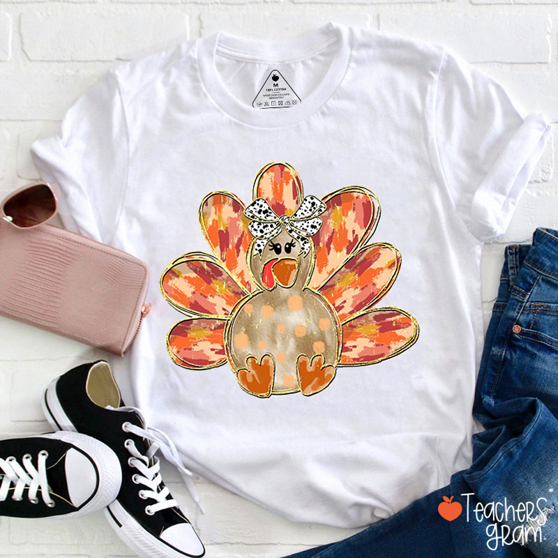 Happy Thanksgiving With Cute Turkey Teacher T-Shirt