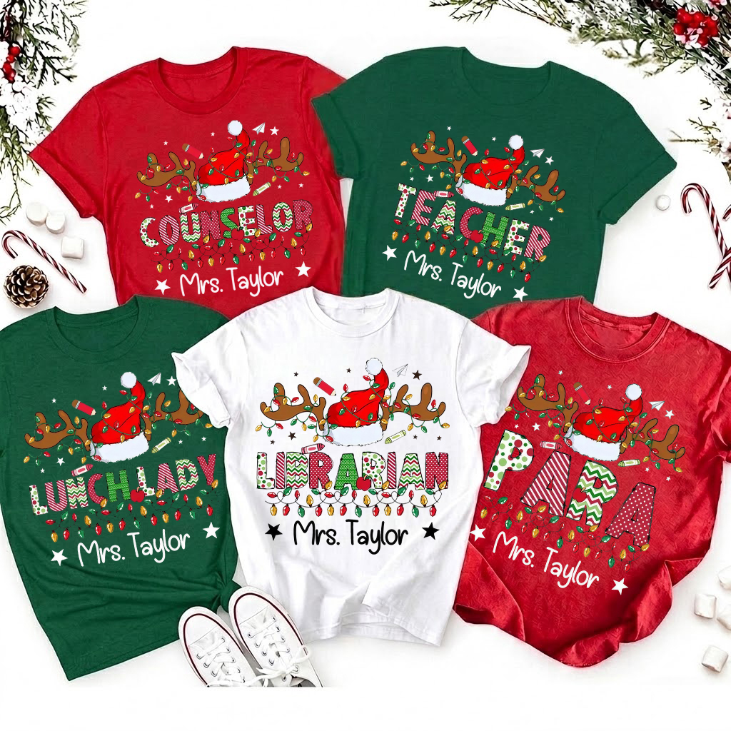 Personalized Name Reindeer School Crew Christmas Teacher T-Shirt