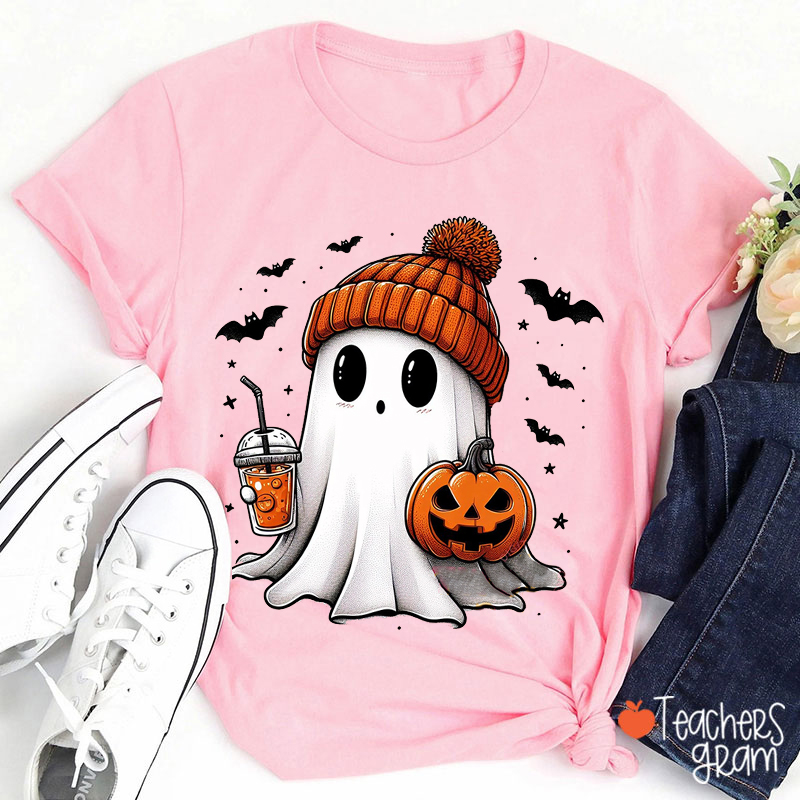 Cute Ghost Drinking Coffee Halloween Teacher T-Shirt