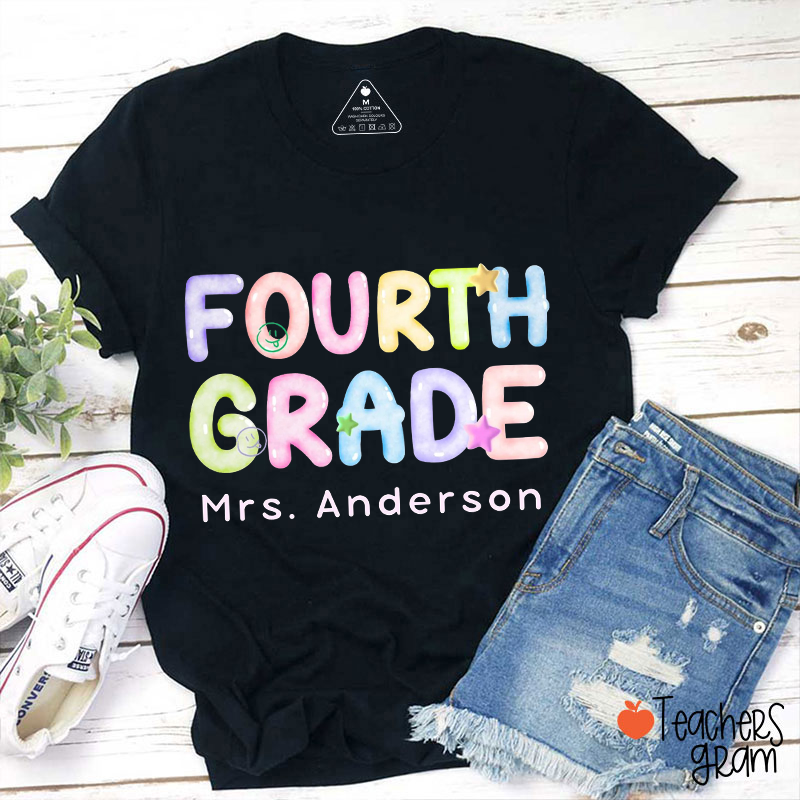 Personalized Grade Name Bubble Star Smiley Face Teacher T-Shirt