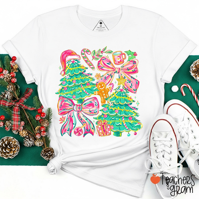 Floral Preppy Christmas Tree Bow Teacher T-Shirt
