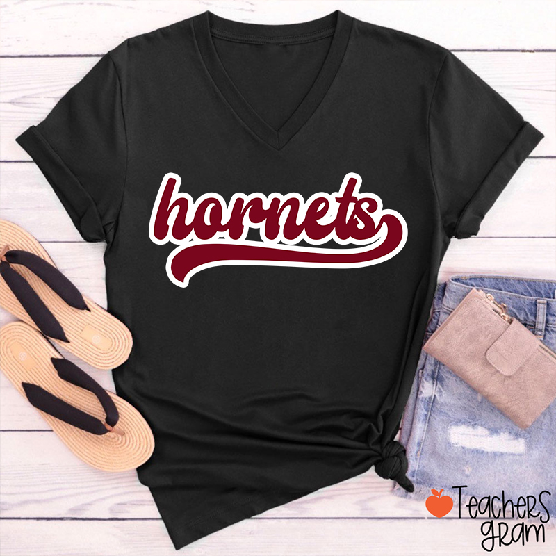 Personalized Mascot School Spirit Contrasting Colors Teacher Female V-Neck T-Shirt