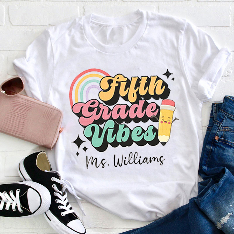 Personalized Teacher's Name And Grade Pencil Rainbow Icon Teacher T-Shirt