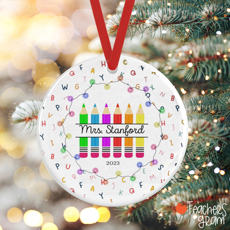Personalized Name Pencil Christmas Light Teacher Ceramic Christmas Ornament