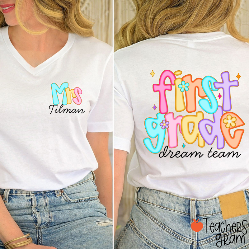 Personalized Grade And Name Candy Color Fonts Teacher Female V-Neck Two Sided T-Shirt