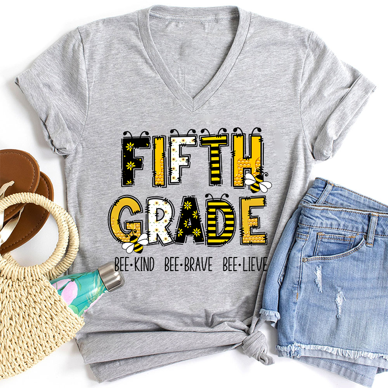 Personalized Grade Funny Bee Font Design Teacher Female V-Neck T-Shirt