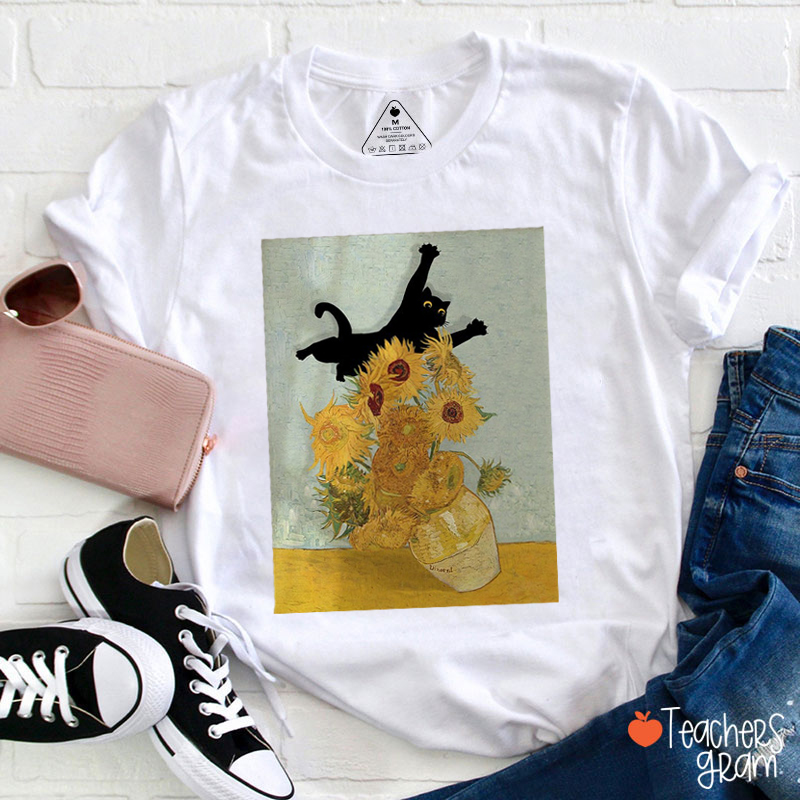 Van Gogh Sunflowers And Cat Teacher T-Shirt