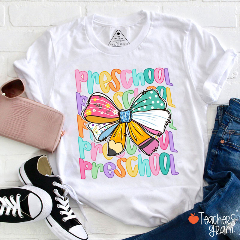 Personalized Grade Candy Color Pencil Bow Teacher T-Shirt