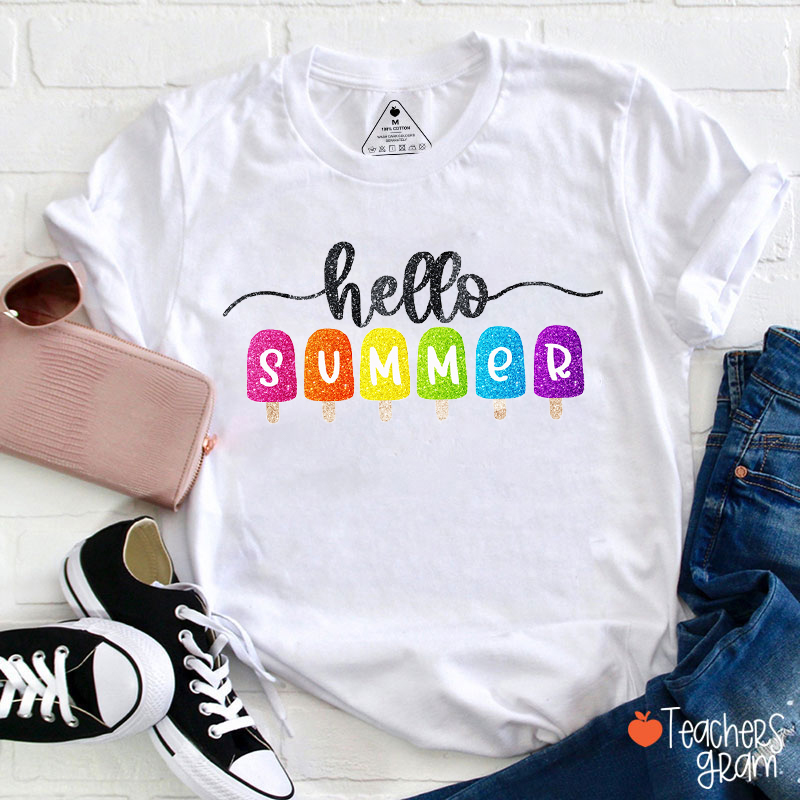 Glitter Hello Summer Teacher T-Shirt