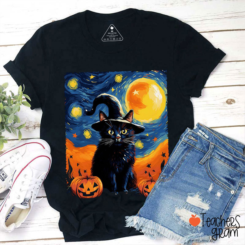 Starry Black Cat Pumpkin Halloween Teacher T-Shirt